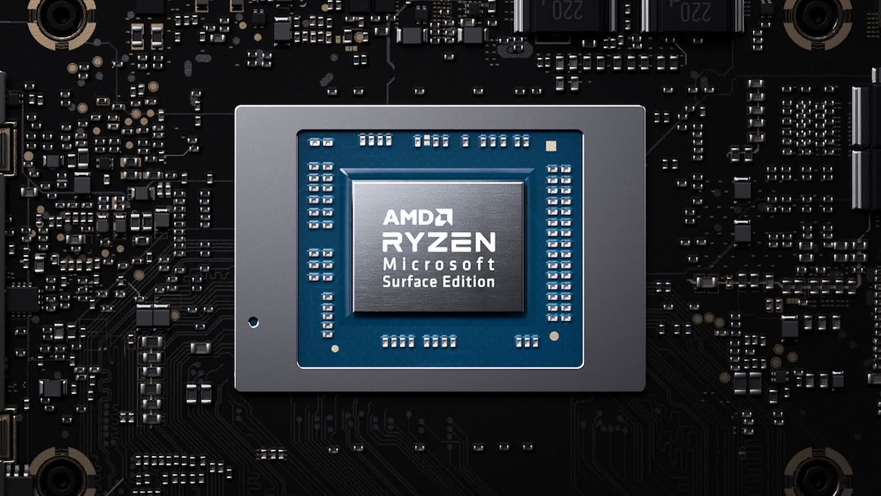 A digital display exploring why there are no AMD Surface PCs and highlighting the Microsoft AMD relationship