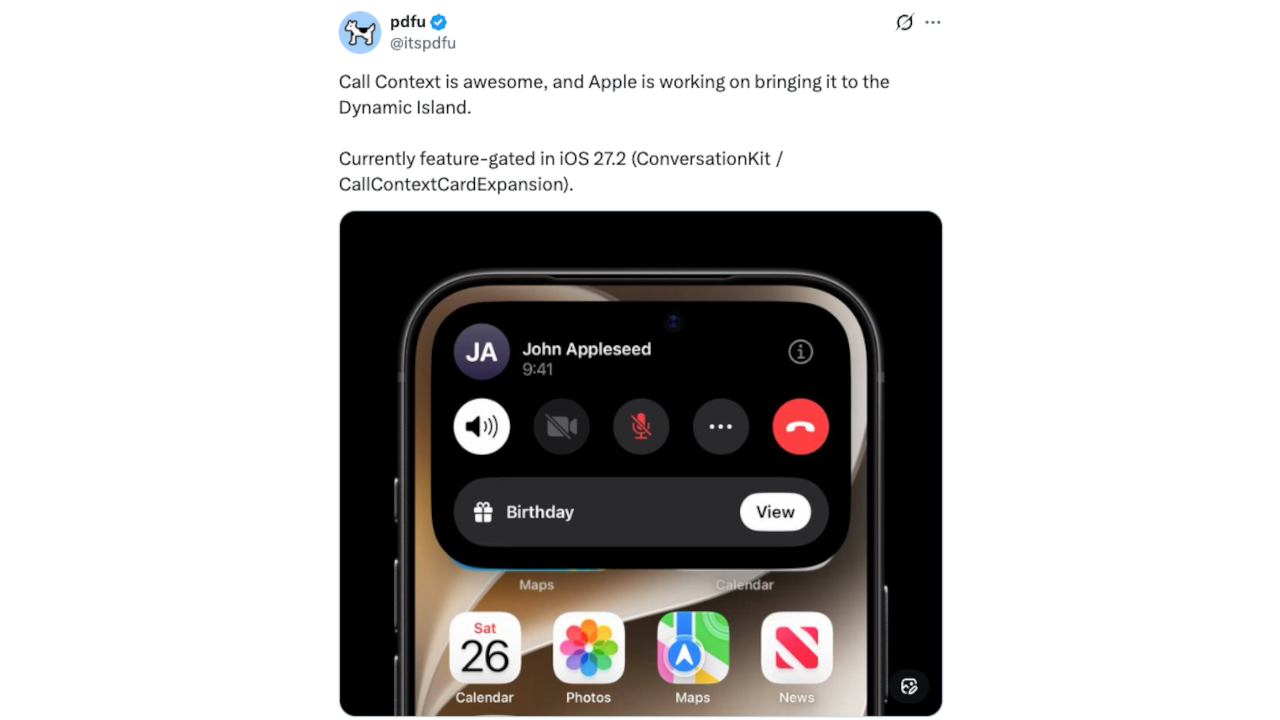 Apple iPhone Dynamic Island showing the new iOS 27.2 Call Context feature during an active birthday call