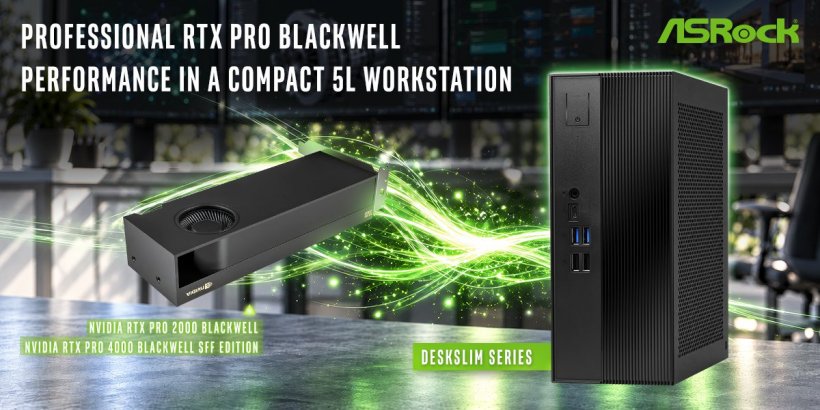 ASRock DeskSlim compact desktop computer showcasing NVIDIA Blackwell support