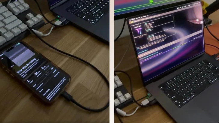 iPhone 17 Pro Max connected to MacBook Pro for AI acceleration