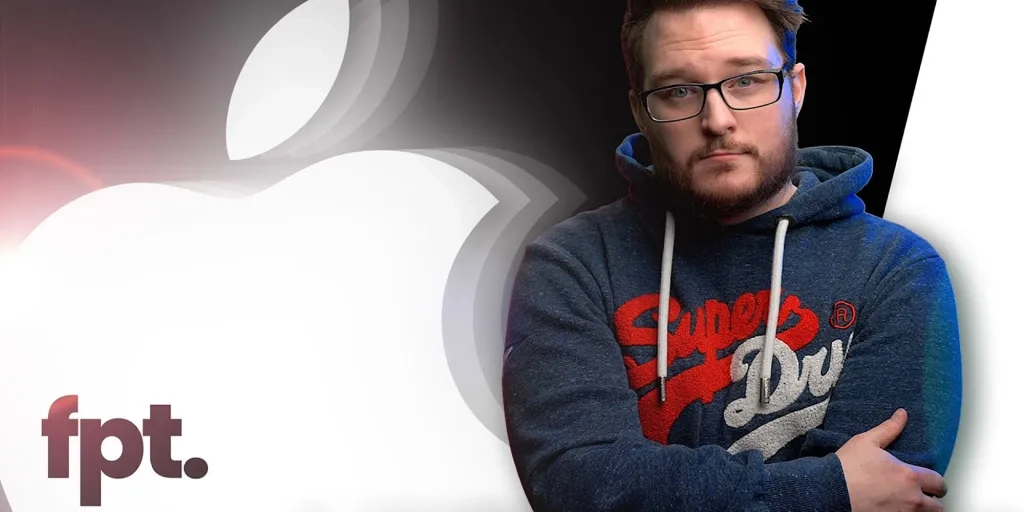 Apple corporate logo juxtaposed with Jon Prosser in a glowing iOS 26 leak lawsuit document.