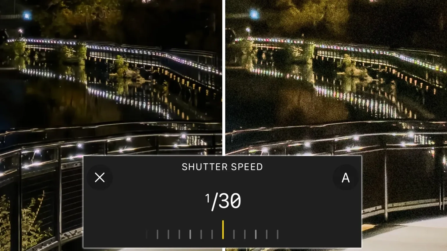Apple iPhone 18 Pro camera module demonstrating manual shutter speed adjustments and Pro Controls interface.