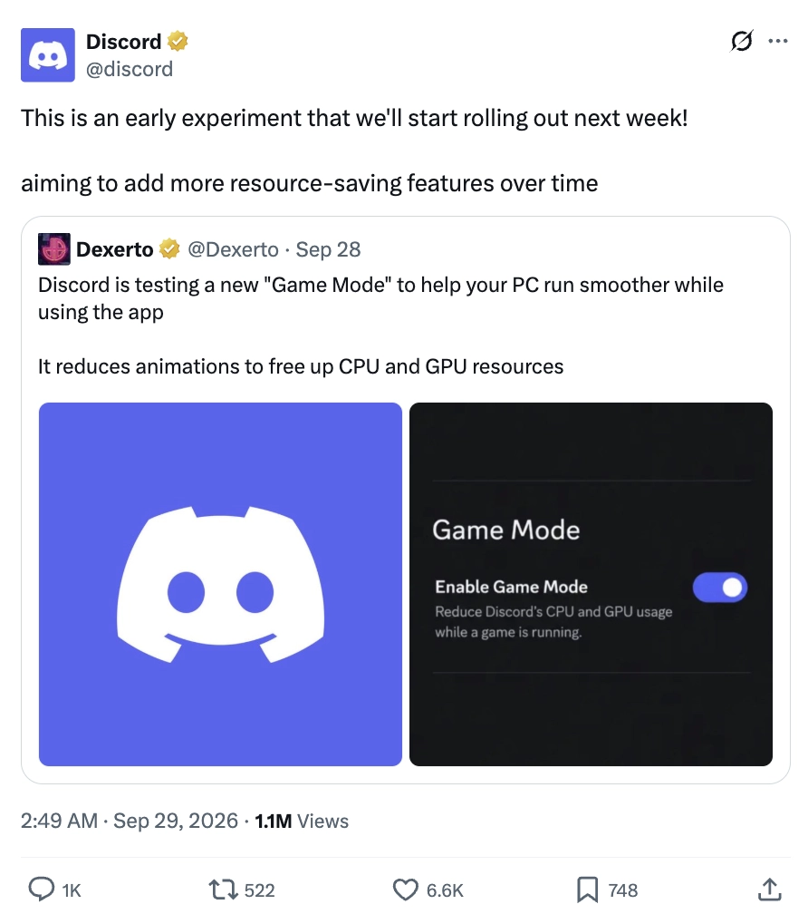 Discord application interface showing the new Discord Game Mode setting to reduce CPU and GPU usage