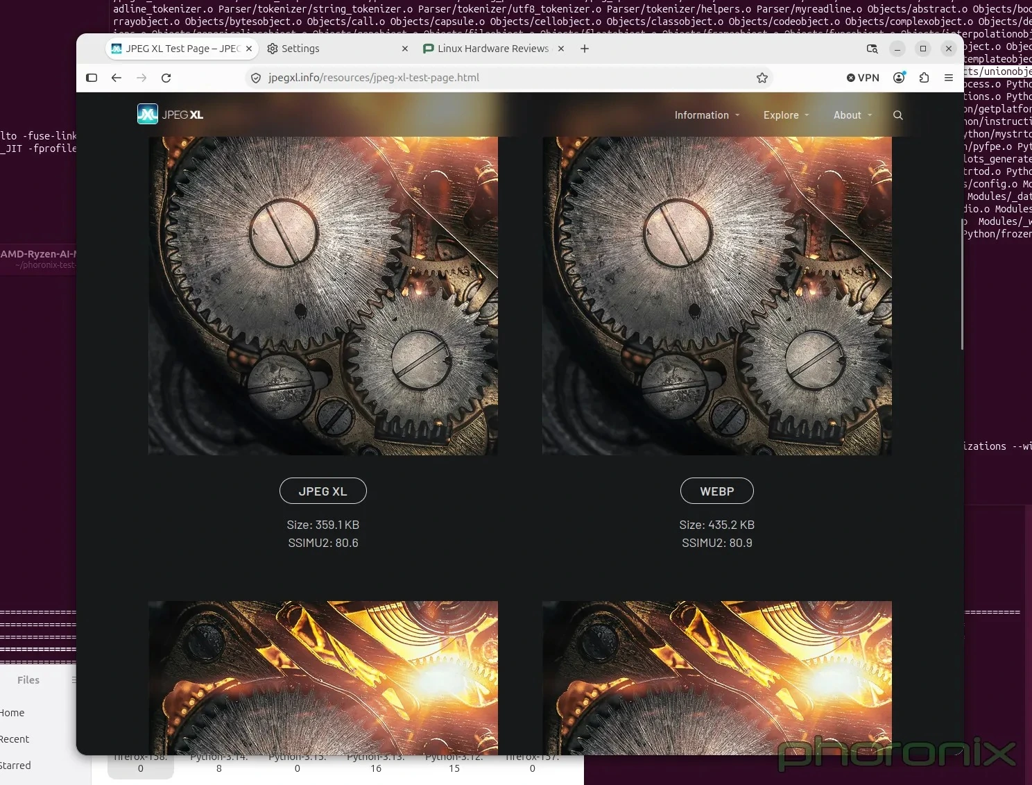 Mozilla Firefox 158 browser interface demonstrating default JPEG XL image support and Smart Window autofill capabilities