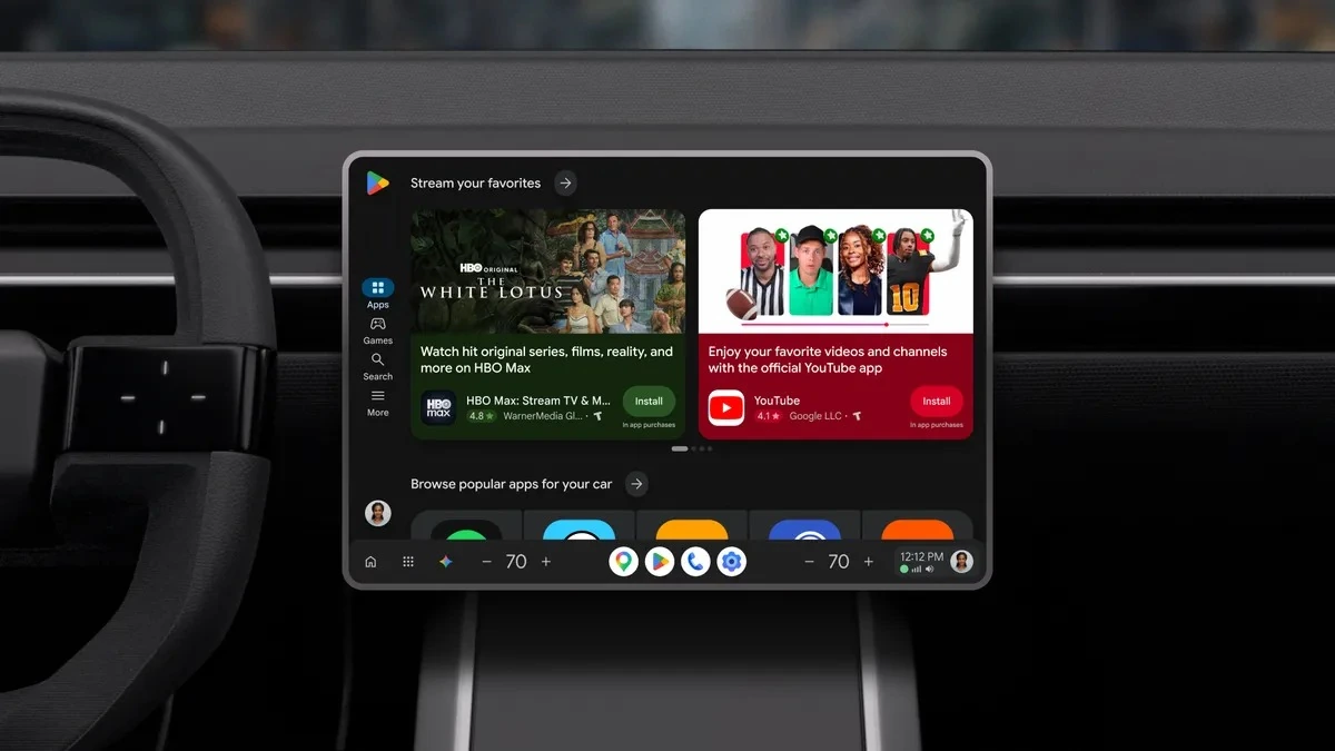 Google built-in car infotainment display running the redesigned Google Play Store and YouTube