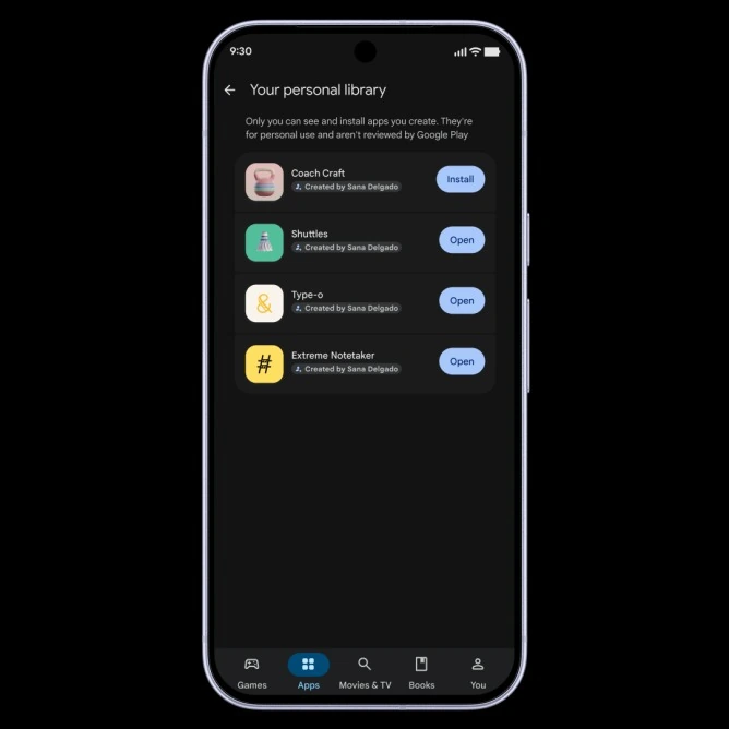 Google Play Store running private vibe-coded Android apps on a smartphone