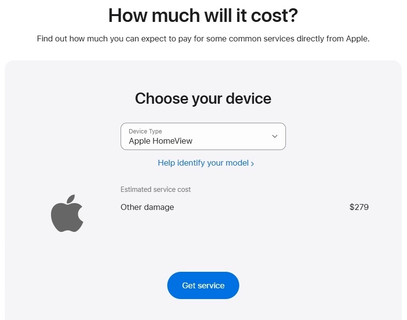 Apple HomeView repair cost and AppleCare accidental damage service fee details