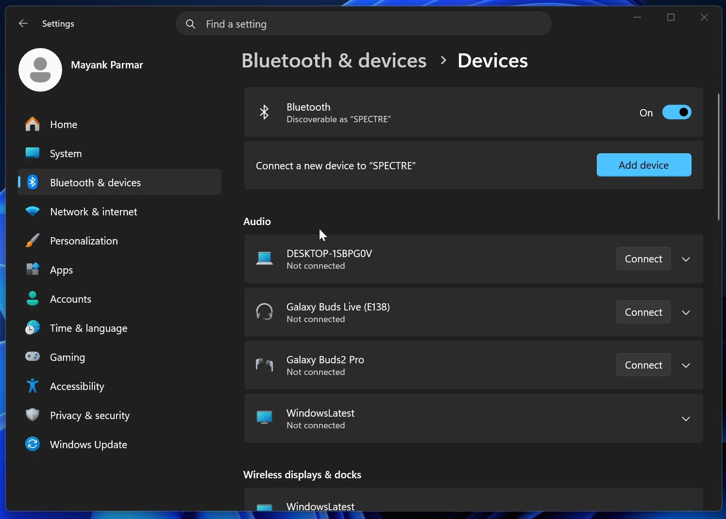 Windows 11 Bluetooth menu demonstrating the faster AirPods pairing update