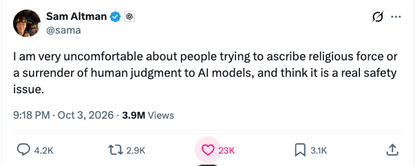 Sam Altman issuing AI religion warnings during a technology conference regarding OpenAI safety team protocols