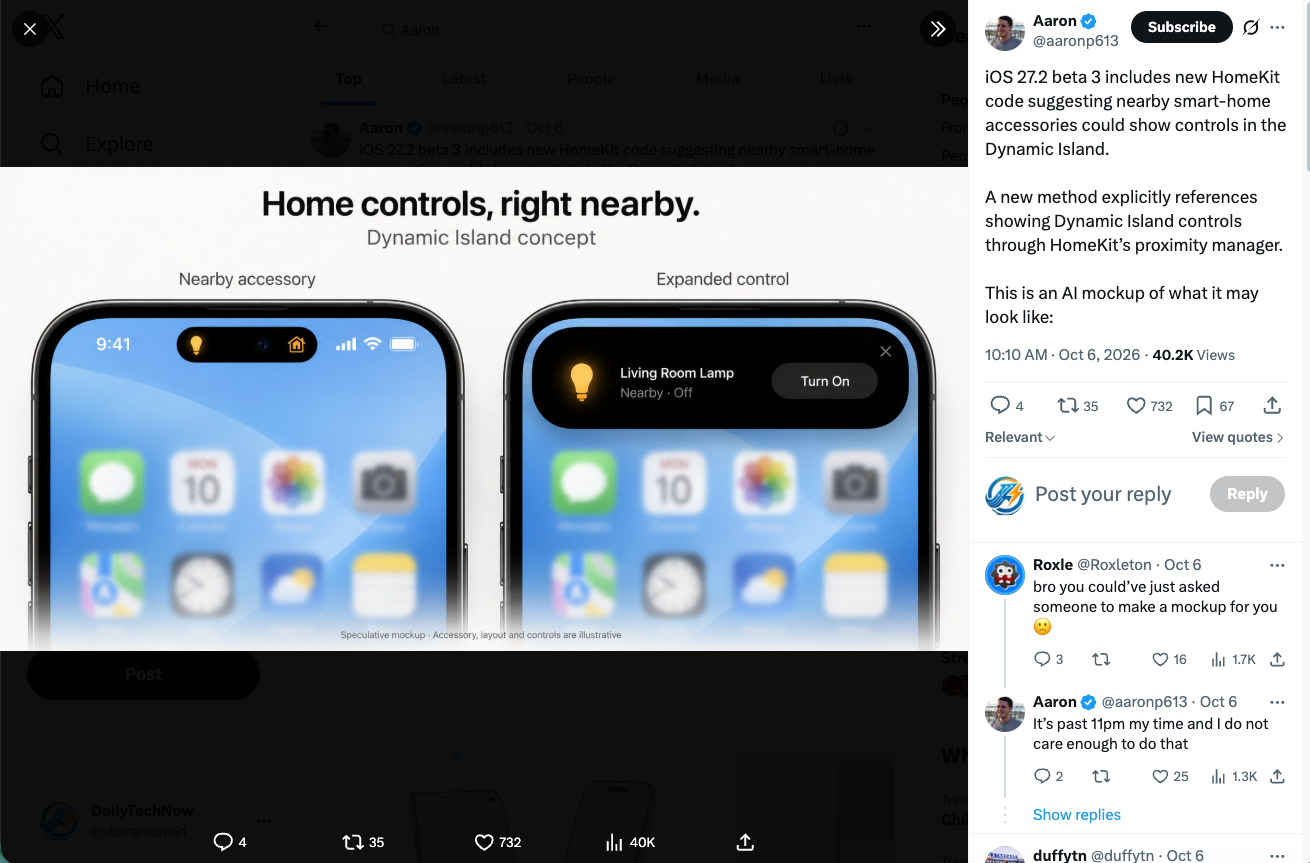 iPhone 18 Pro displaying Dynamic Island HomeKit controls