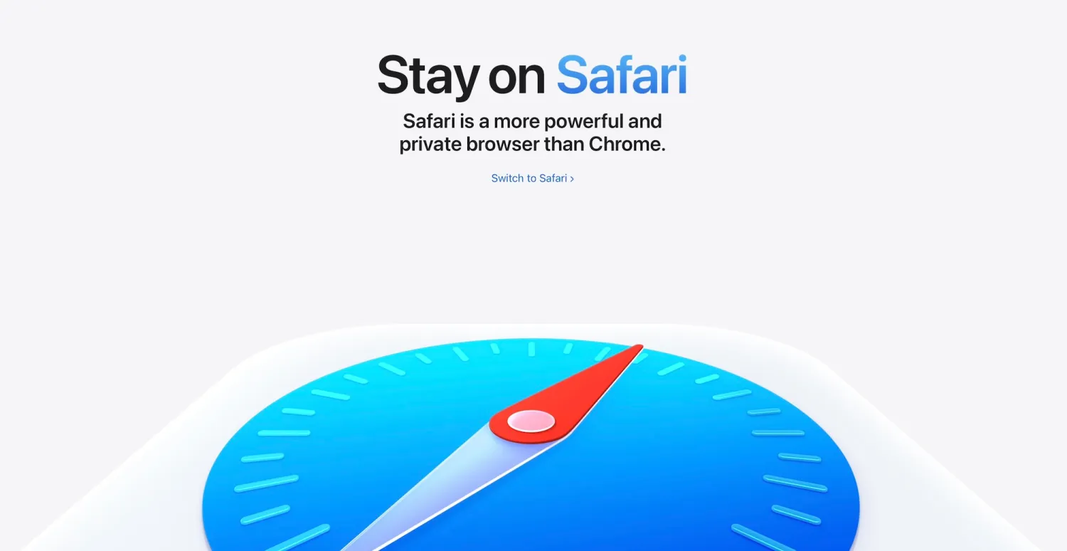 Apple Switch to Safari promotional webpage on a Mac screen comparing browser features