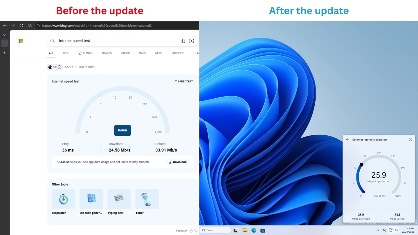 Windows 11 speed test native UI popup in Quick Settings