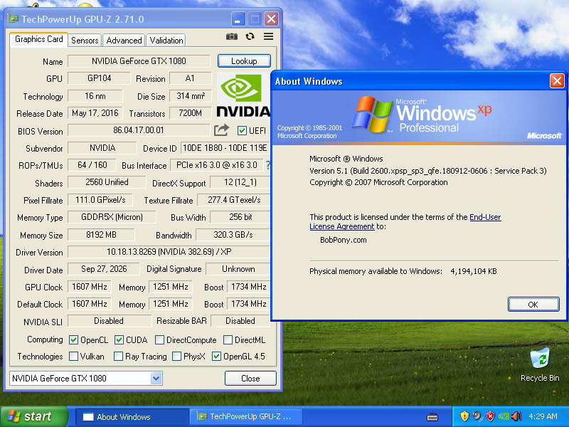 Nvidia GeForce GTX 1080 Ti running on Windows XP using the ForceWare 382.69 driver
