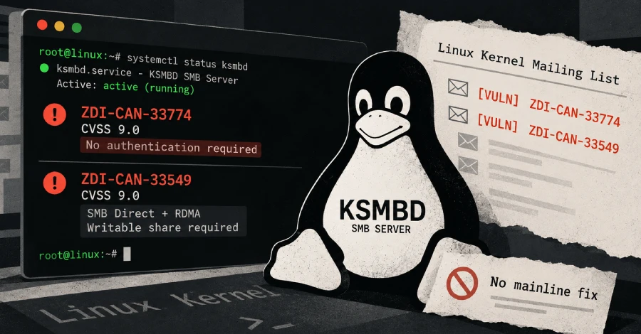 Linux kernel logo surrounded by cybersecurity vulnerability warning symbols