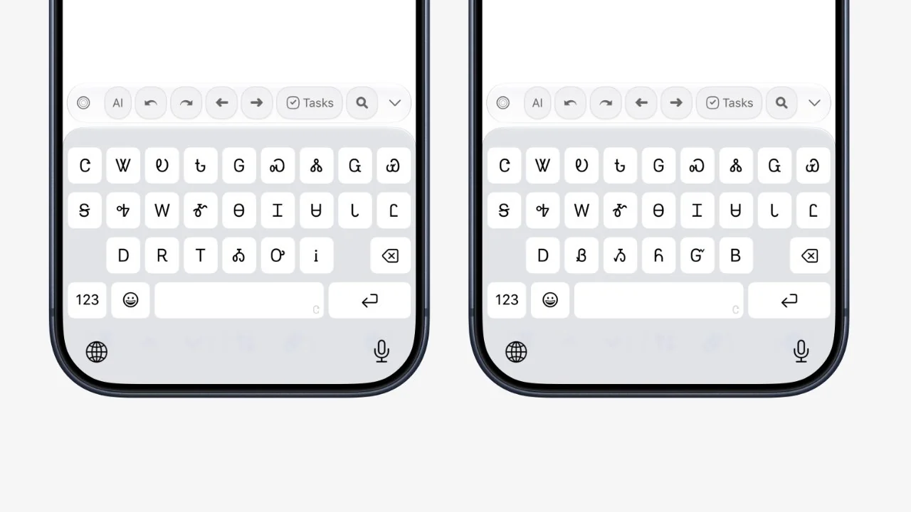Apple iOS 27 keyboard showing indigenous languages like Blackfoot and Comanche on an iPhone 18 Pro