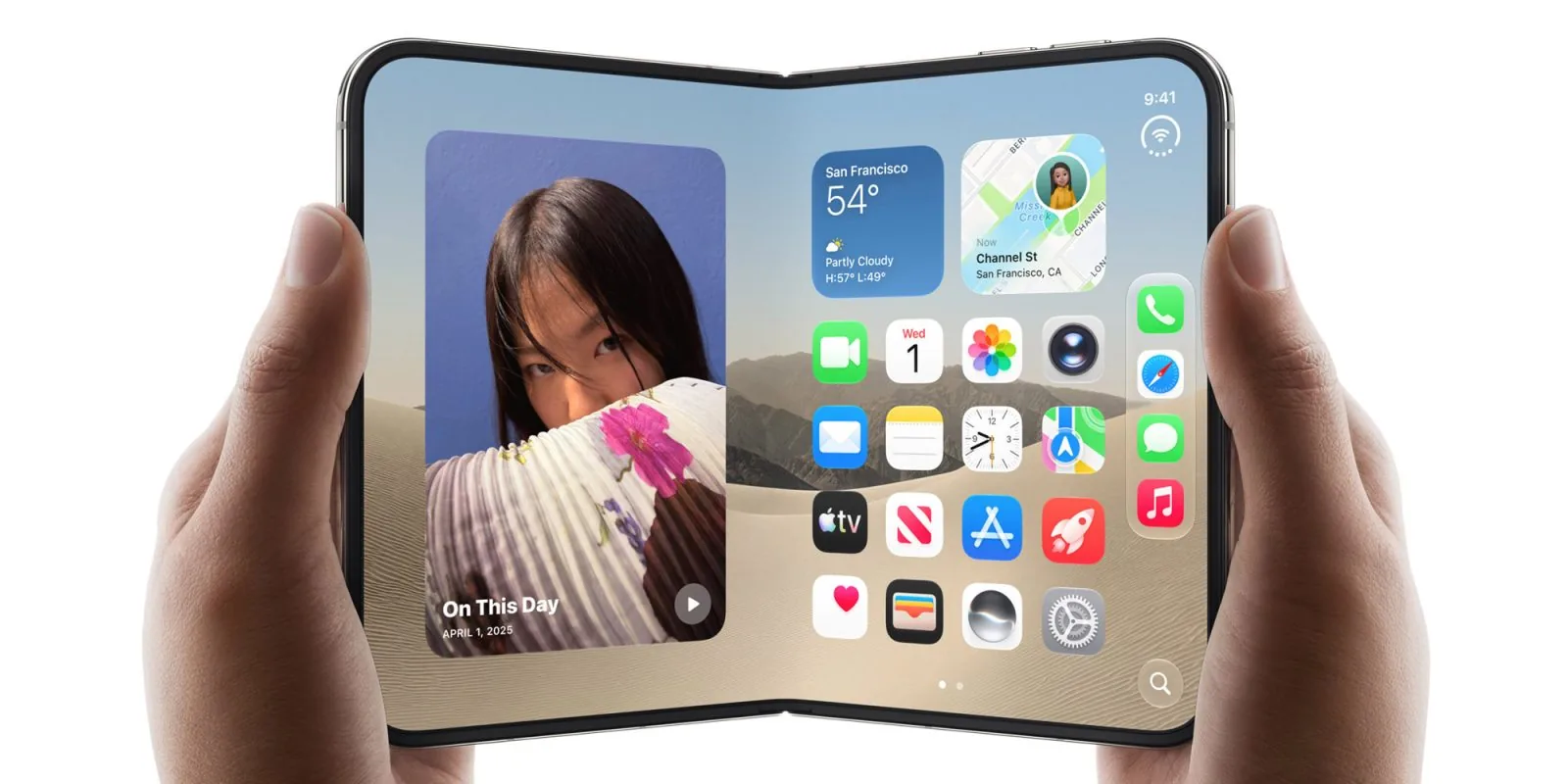 Apple foldable iPhone Duo displaying a dual-page PDF layout
