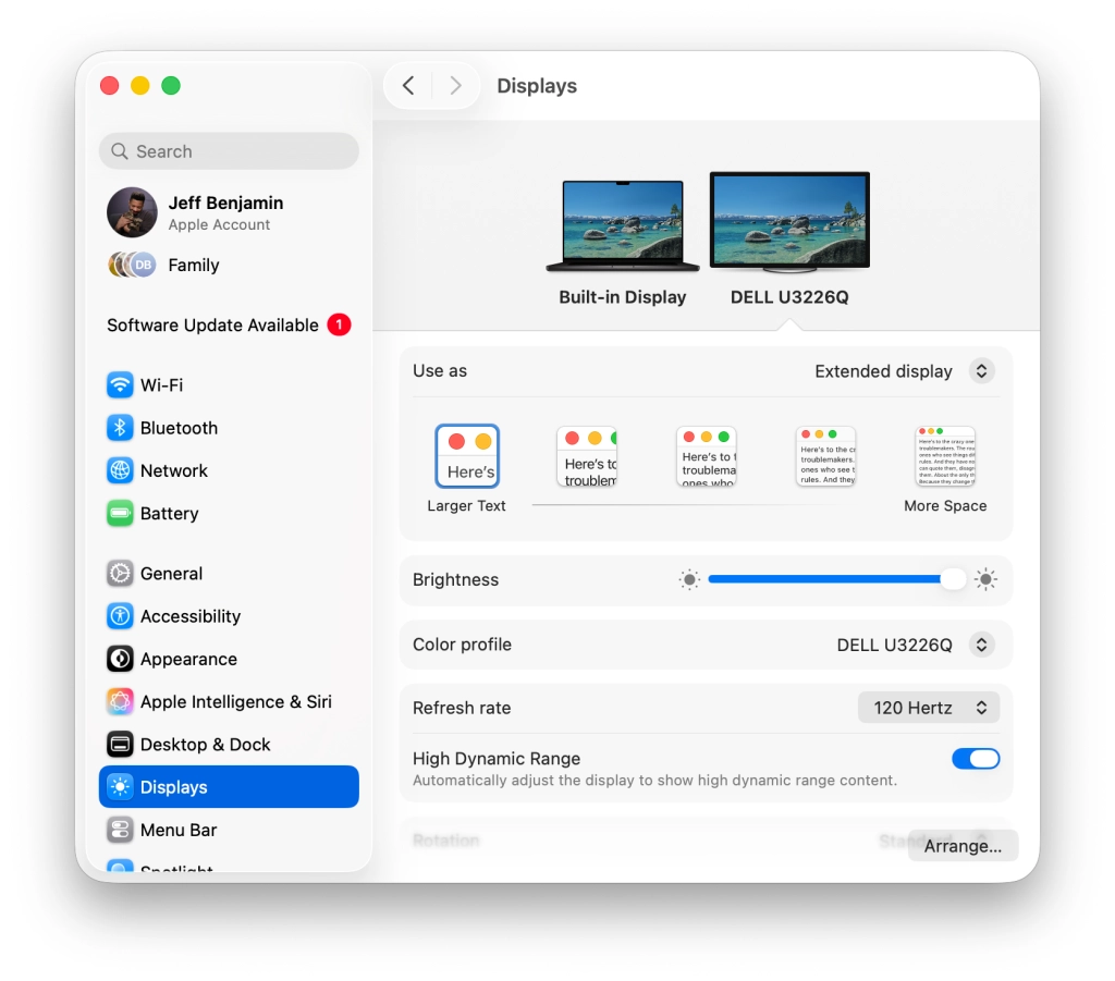 A computer monitor displaying the macOS 27 HDR display settings interface