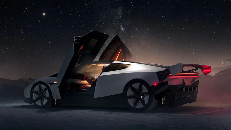 Tesla second-generation Roadster floating on rocket boosters during the October launch event